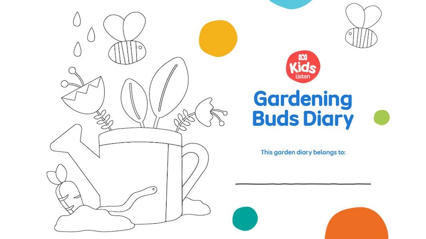 Line drawing of a watering can with plants growing out of it with the text "Gardening Buds Diary"