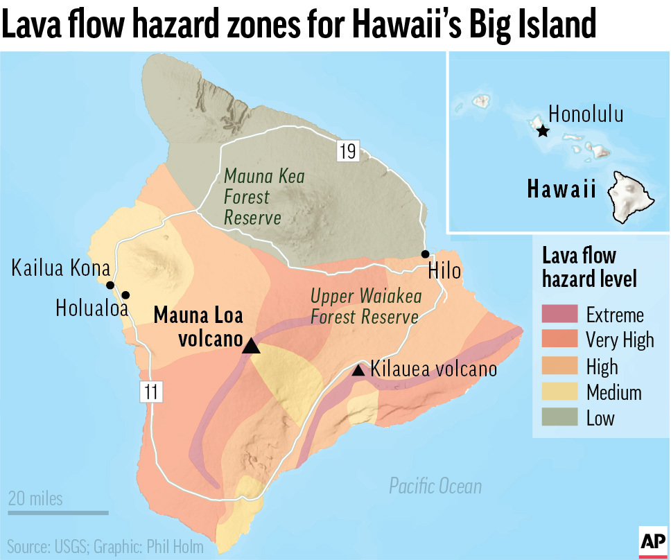 Hartă care arată zonele cu nivel de pericol al fluxului piroclastic pentru Insula Mare din Hawaii
