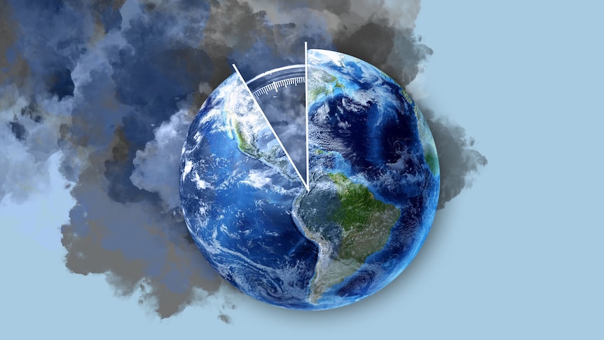 A graphic of planet Earth with smoke and part of a clockface.