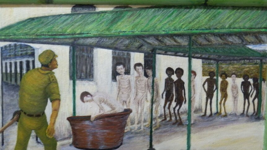 Painting of men lining up to use the tub at the prisoner of war camp in Singapore