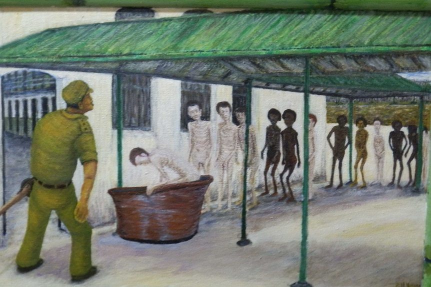 Painting of men lining up to use the tub at the prisoner of war camp in Singapore