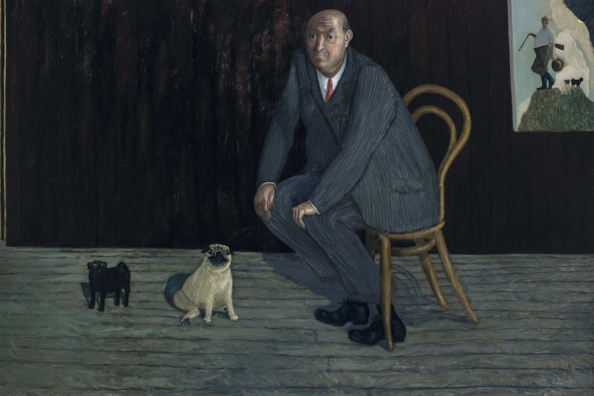 A paining of a man and two dogs.
