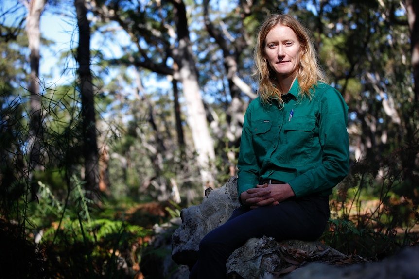 A woman with blonde shoulder length hair wearing a green long sleeved shirt sitting on a rock in a leafy national park