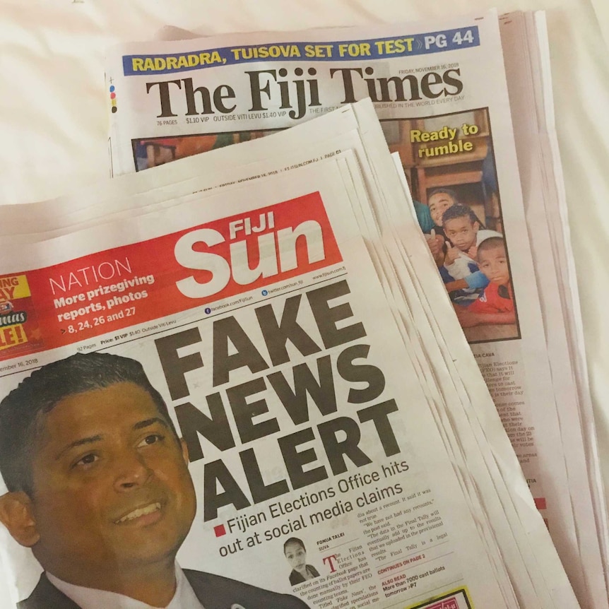 A photo of the front page of the Fiji Sun newspaper, which has the headline FAKE NEWS ALERT.