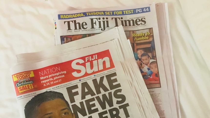 A photo of the front page of the Fiji Sun newspaper, which has the headline FAKE NEWS ALERT.