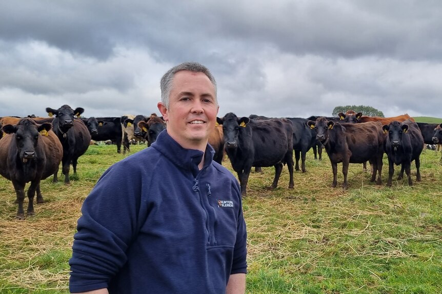 A man stands in front of cows in a paddock and smiles