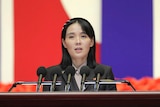  Kim Yo Jong, sister of North Korean leader Kim Jong Un, delivers a speech during a national meeting in Pyongyang.