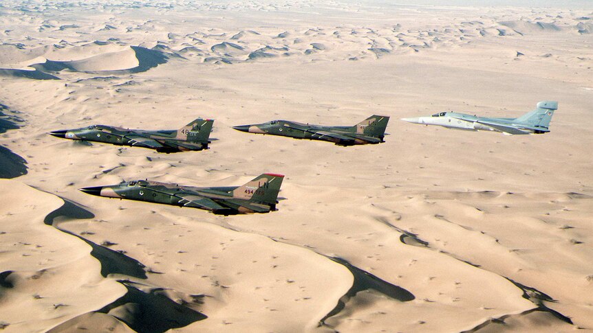 An aerial photo shows four fighter aircraft over desert sands, three of which are in green camouflage.