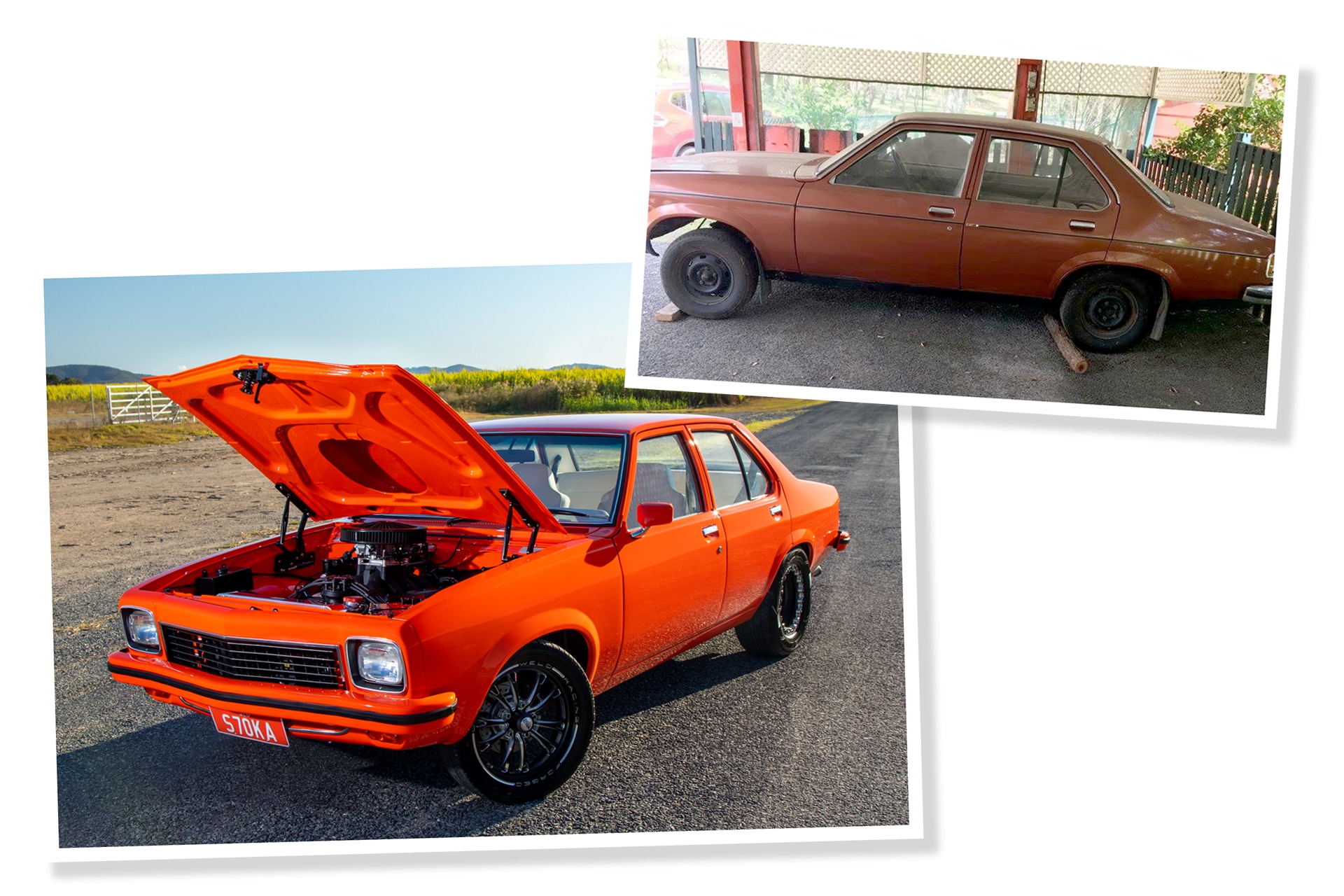 Collage de fotos de antes y después de coches.