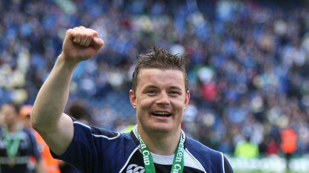 Brian O'Driscoll celebrates Leinster's European Cup final win.