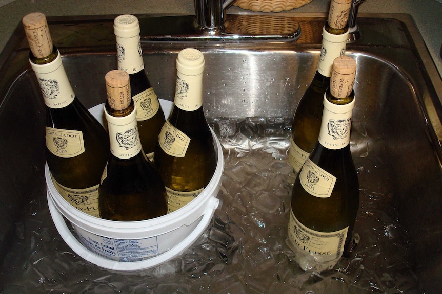 Bottles of wine in an ice bath.
