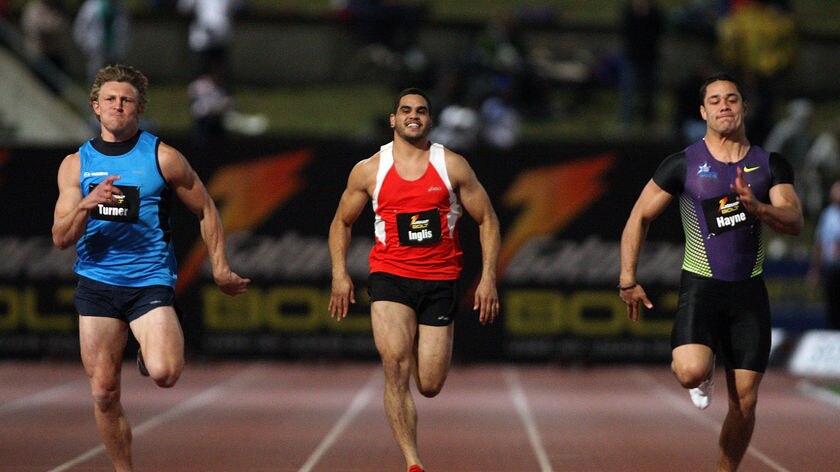 Lachie Turner (left) had too much speed for fellow footballing stars including Greg Inglis (centre) and Jarryd Hayne (right)