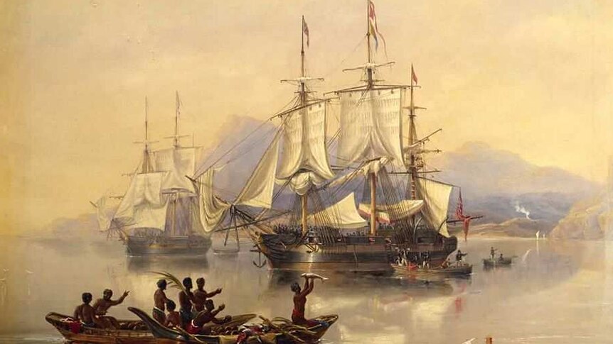HMS Erebus and HMS Terror in New Zealand in August 1841