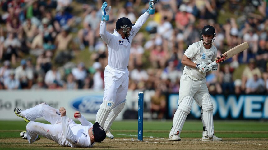 What a screamer ... England's Ian Bell catches out New Zealand's Hamish Rutherford.