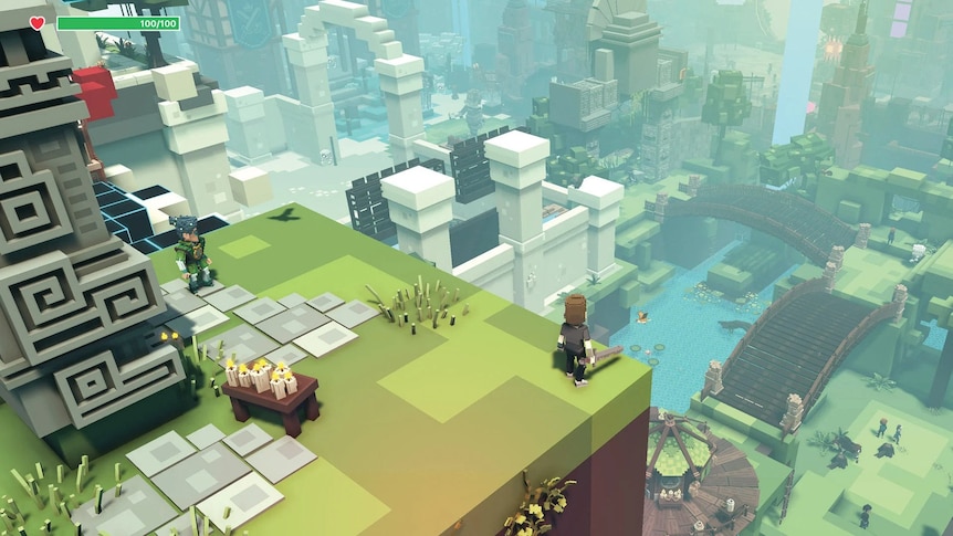 A screenshot showing a high tower in a cartoon-like world