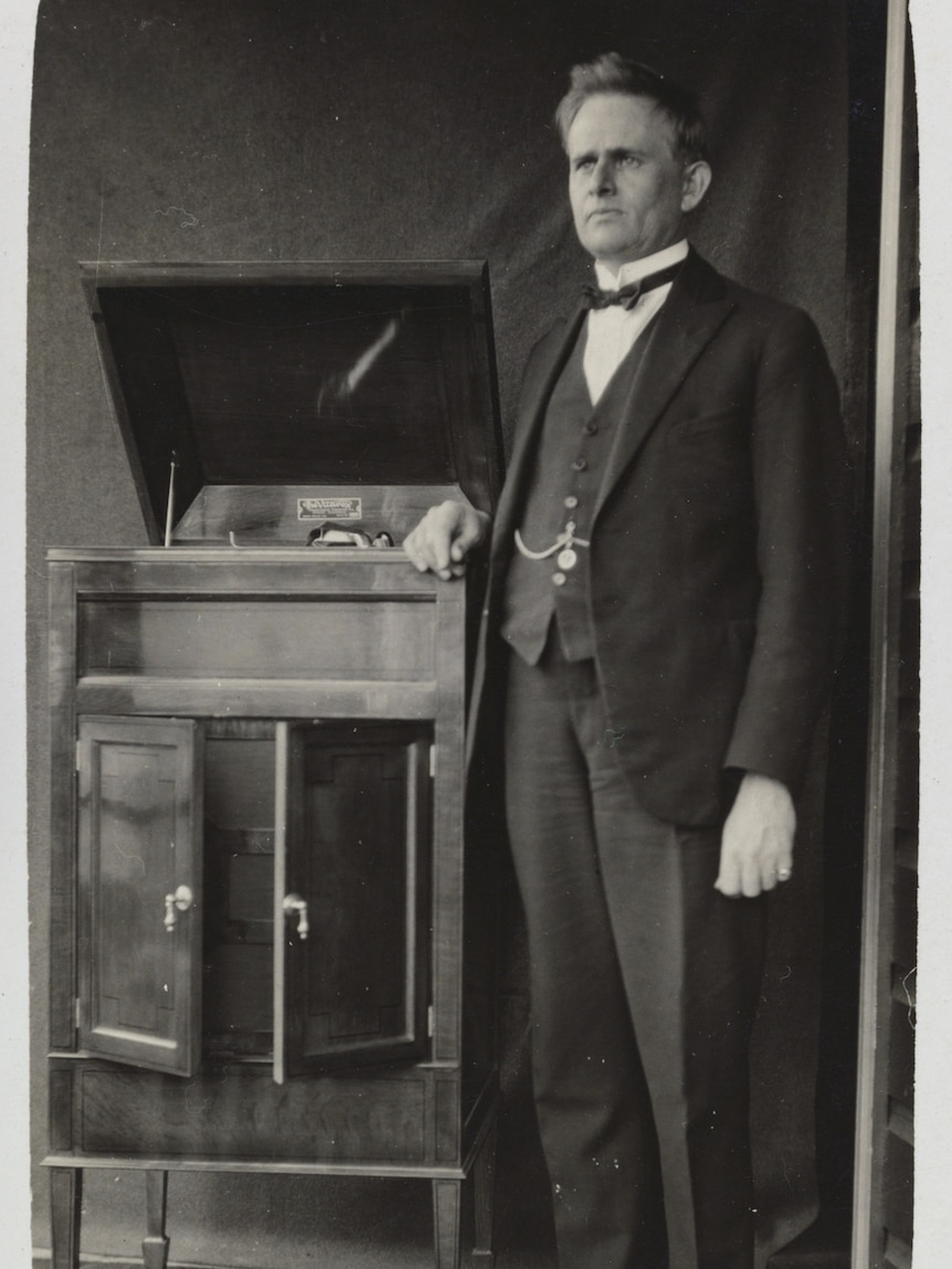 Stuart Booty c1925  with one of the gramophones he made, a Vitavox Model A.