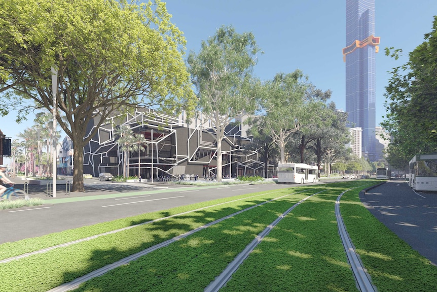 An artists impression of green tram tracks in Southbank, Melbourne.