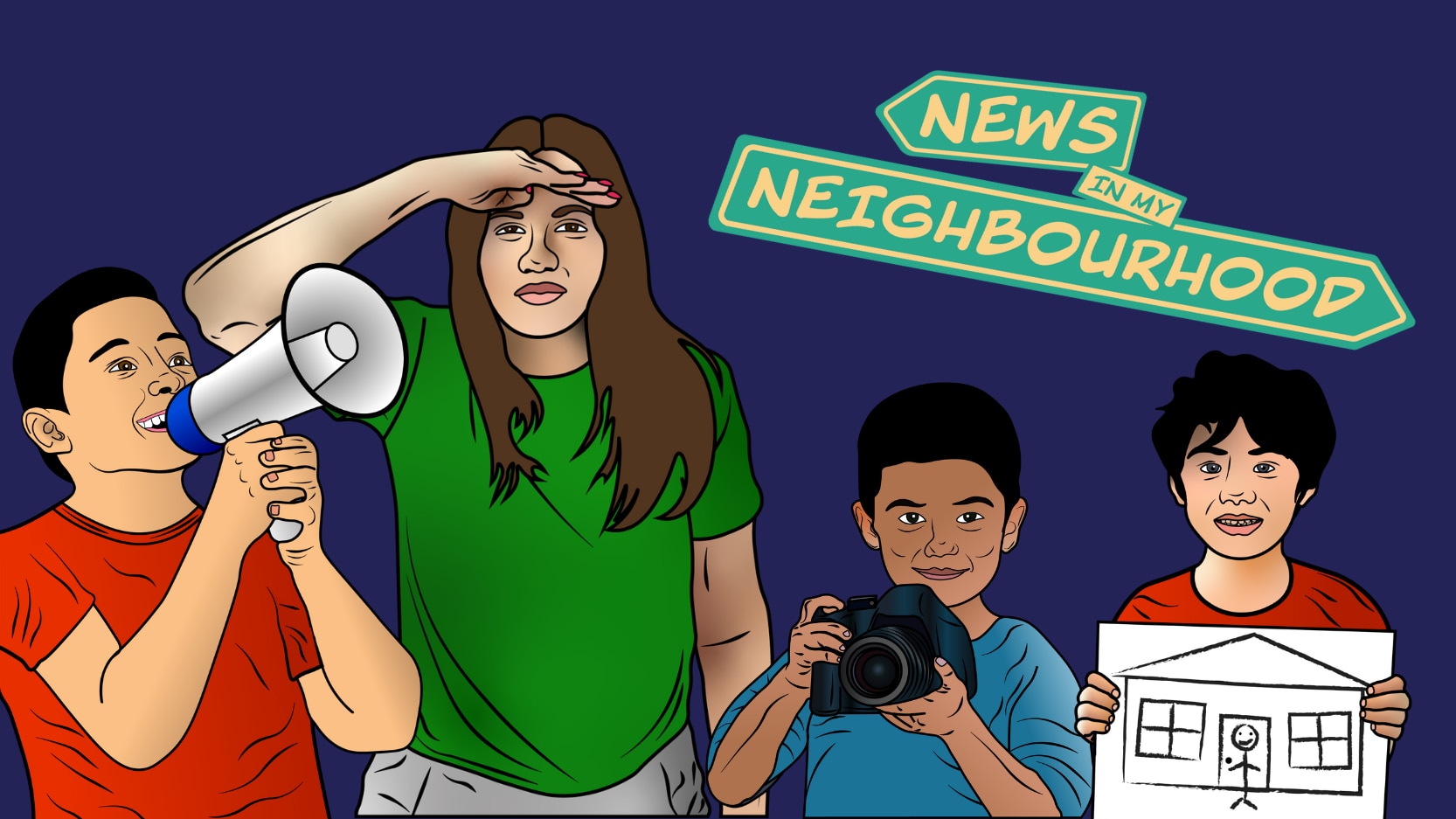 Graphic drawing of four students, text on screen: News In My Neighbourhood