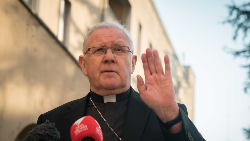 Archbishop of Brisbane Mark Coleridge gestures with his hand while taking questions about abuse in the Catholic church