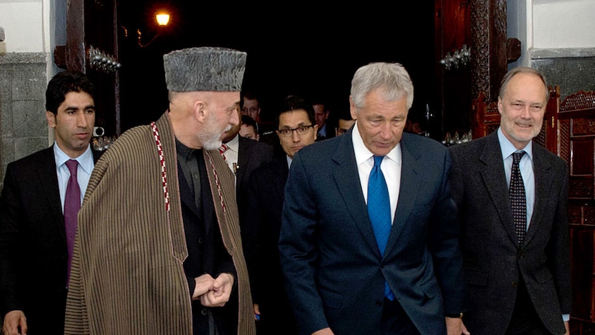 Karzai and Hagel in Afghanistan