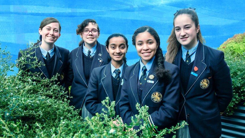 Five young women in school uniform stand amongst various native plants.