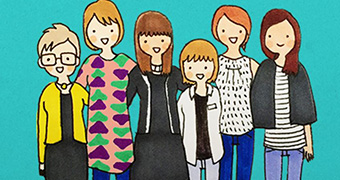 A cartoon drawing of six women arm in arm.
