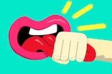 Illustration of cartoon mouth with its tongue being grabbed by a hand to depict shutting up and freedom of speech.