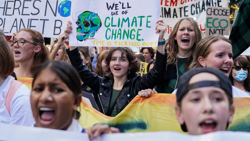 A group of students protest with signs. In centre one holds a sign saying "We'll die of climate change". 