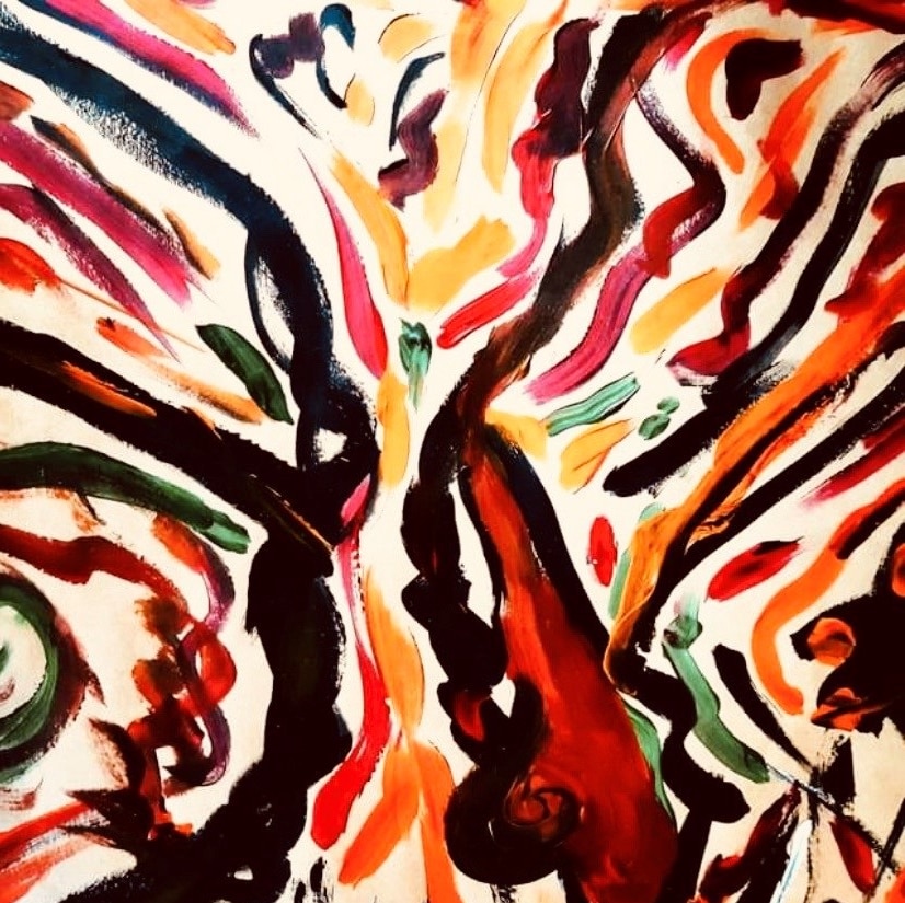 A brightly coloured painting of a fig tree, rendered in a flowing, expressionistic style.