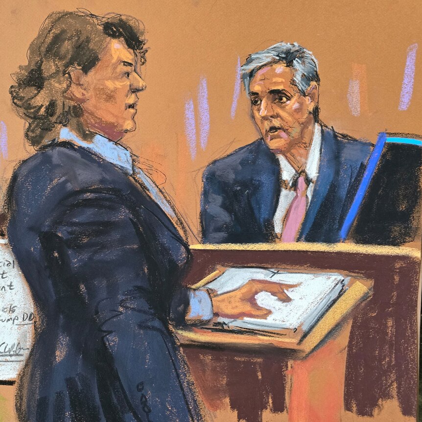 A courtroom sketch shows Michael Cohen being questioned by a woman as the judge and Donald Trump look on. 