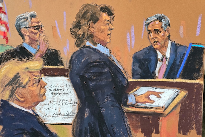 A courtroom sketch shows Michael Cohen being questioned by a woman as the judge and Donald Trump look on. 