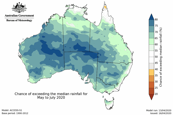 Map of Australia mainly green - indicating 60%chance of above average rain.