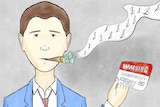 An illustration of a man holding a credit card with a warning while 'smoking' cash