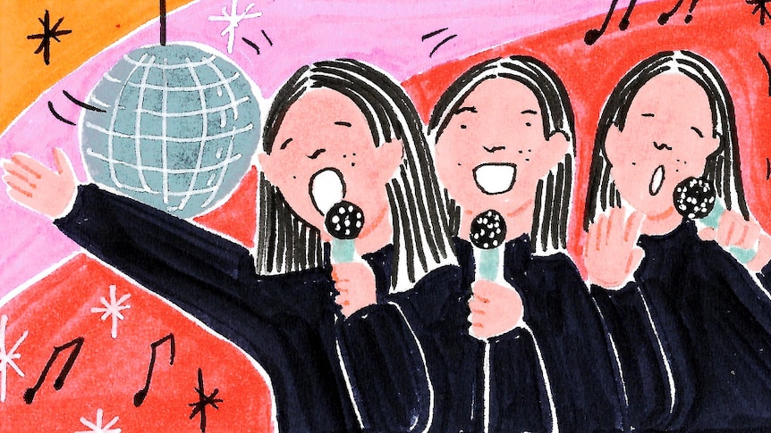 Illustration of Grace Lee singing karaoke in Tokyo, a disco ball in the background in story about finding work and home in Japan