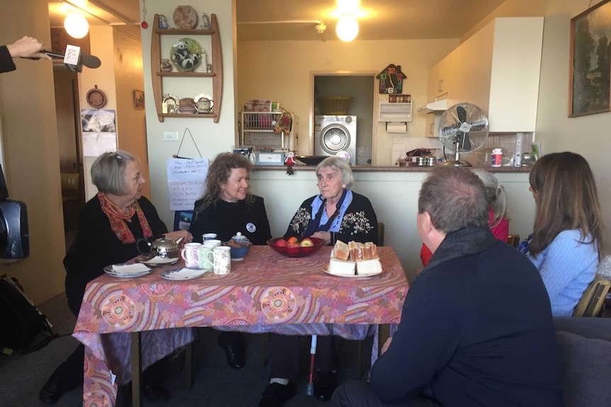 Myra Demetriou with friends in her Sirius building apartment