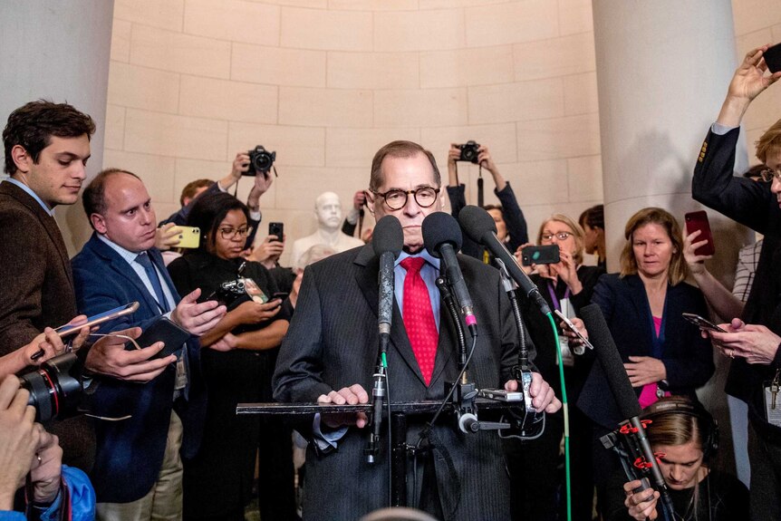 Chairman Jerrold Nadler looks forlorn as he speaks at a press conference.