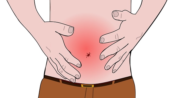Illustration of shirtless man holding a red inflamed stomach