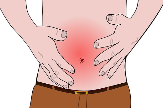 Illustration of a shirtless man holding a red inflamed belly