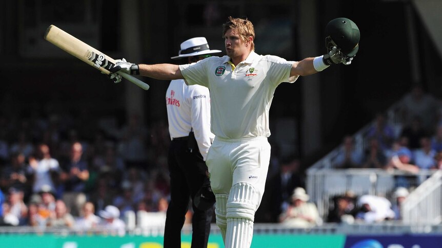Shane Watson celebrates his century during day one of the fifth Ashes Test