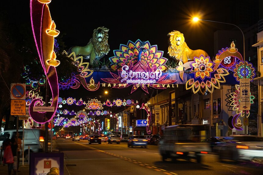 Street filled with LED light decorations for Diwali.