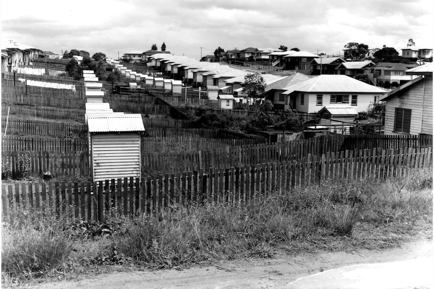 Thunderboxes in suburban backyards in Brisbane's Norman Park circa 1950.