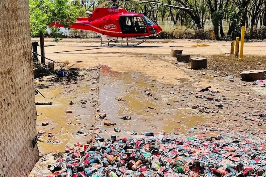 A pile of destroyed alcohol cans, Fitzroy Crossing, January 2023.