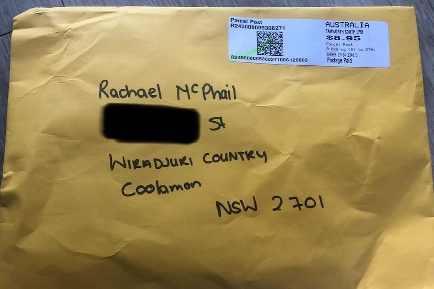 A parcel with Rachael McPhail's address and Wiradjuri Country written in the address.