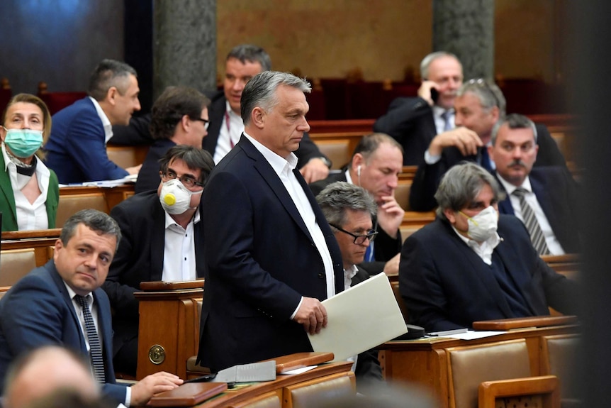 Hungarian leader Viktor Orban walking through parliament surrounded by politicians in face masks