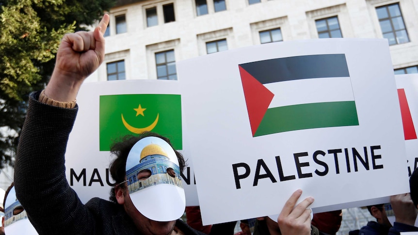 Pro-Palestinian demonstrators hold a sign with the word 'Palestine' and a Palestine flag.