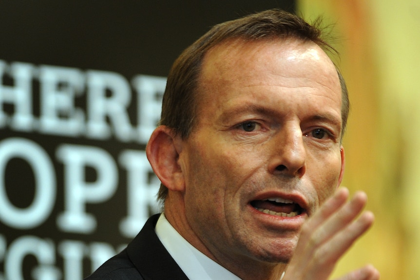 Tony Abbott hand up, speaking at Melbourne luncheon