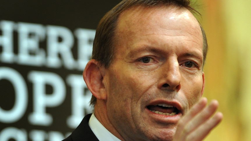 Tony Abbott hand up, speaking at Melbourne luncheon