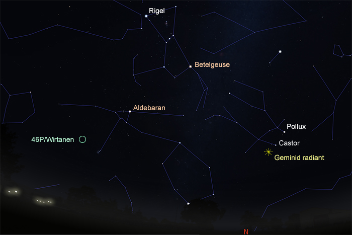 Map showing position of Geminids meteor shower and comet 46P/Wirtanen at 2:00 AM on December 15 from Sydney