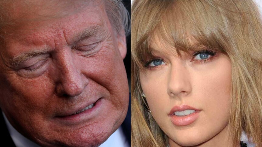 Composite image: Donald Trump grimacing on the left, Taylor Swift looking towards the camera, neutral expression on the right
