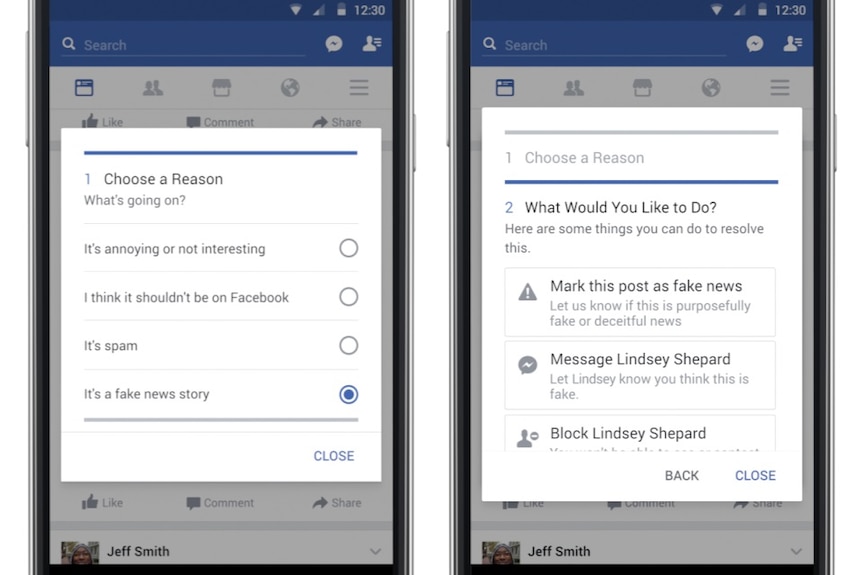 A demonstration of how to report fake news on Facebook.